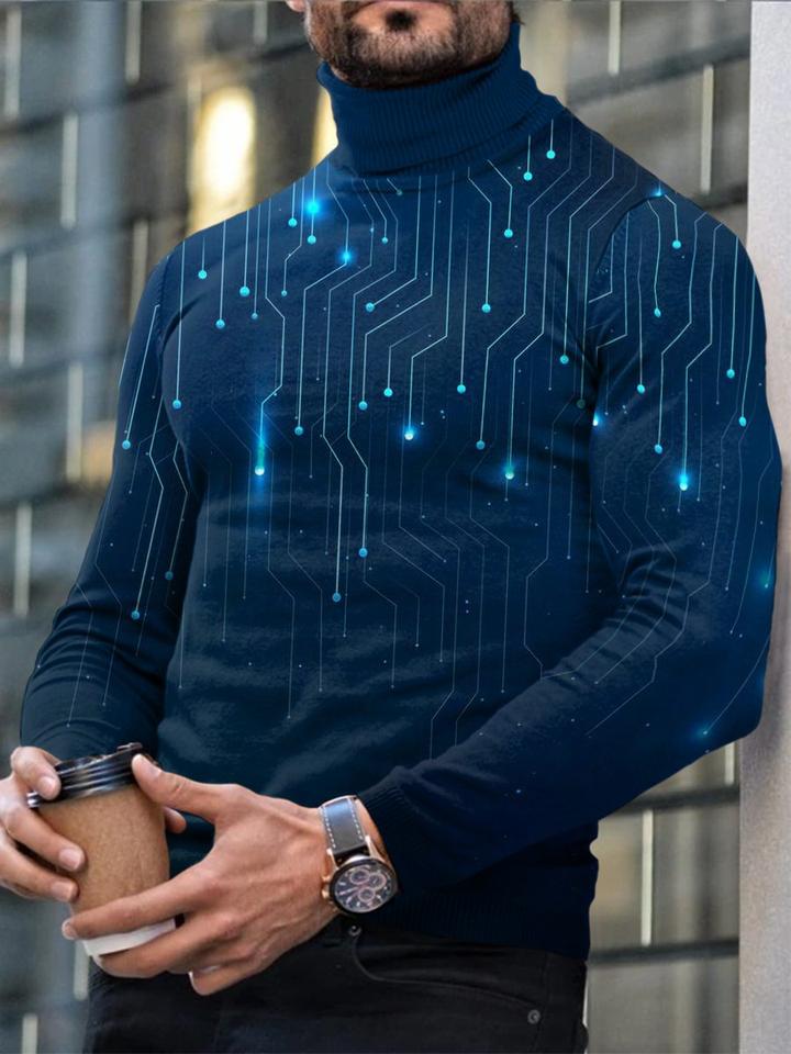 Men's Casual Blue Printed Turtleneck Long Sleeve