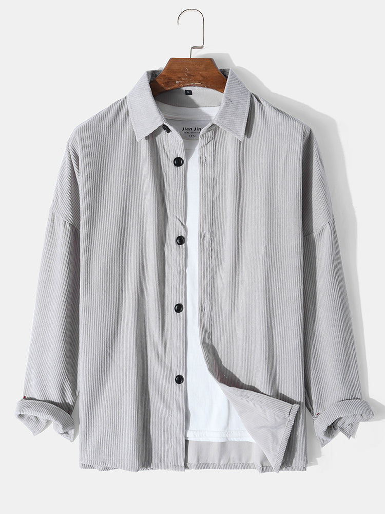 Mens Corduroy Pure Color Lapel Basics Dropped Shoulder Shirts