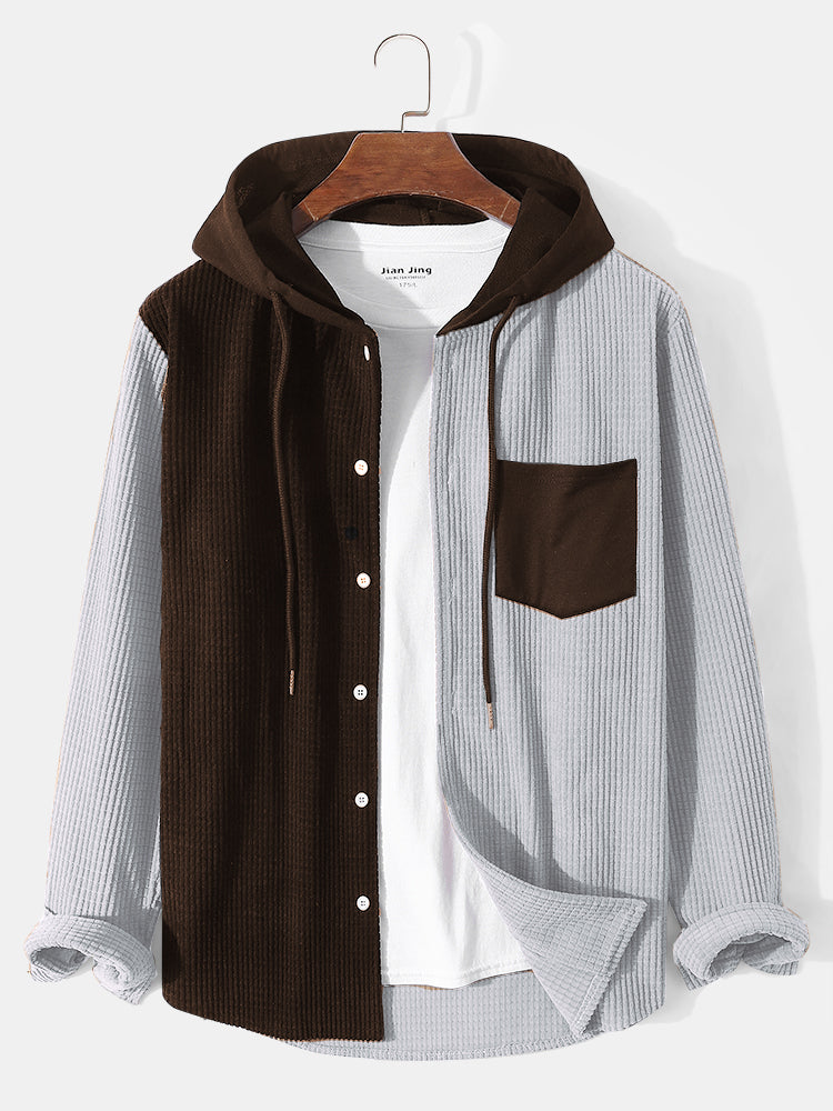 Mens Corduroy Two Tone Patchwork Preppy Drawstring Hooded Shirts