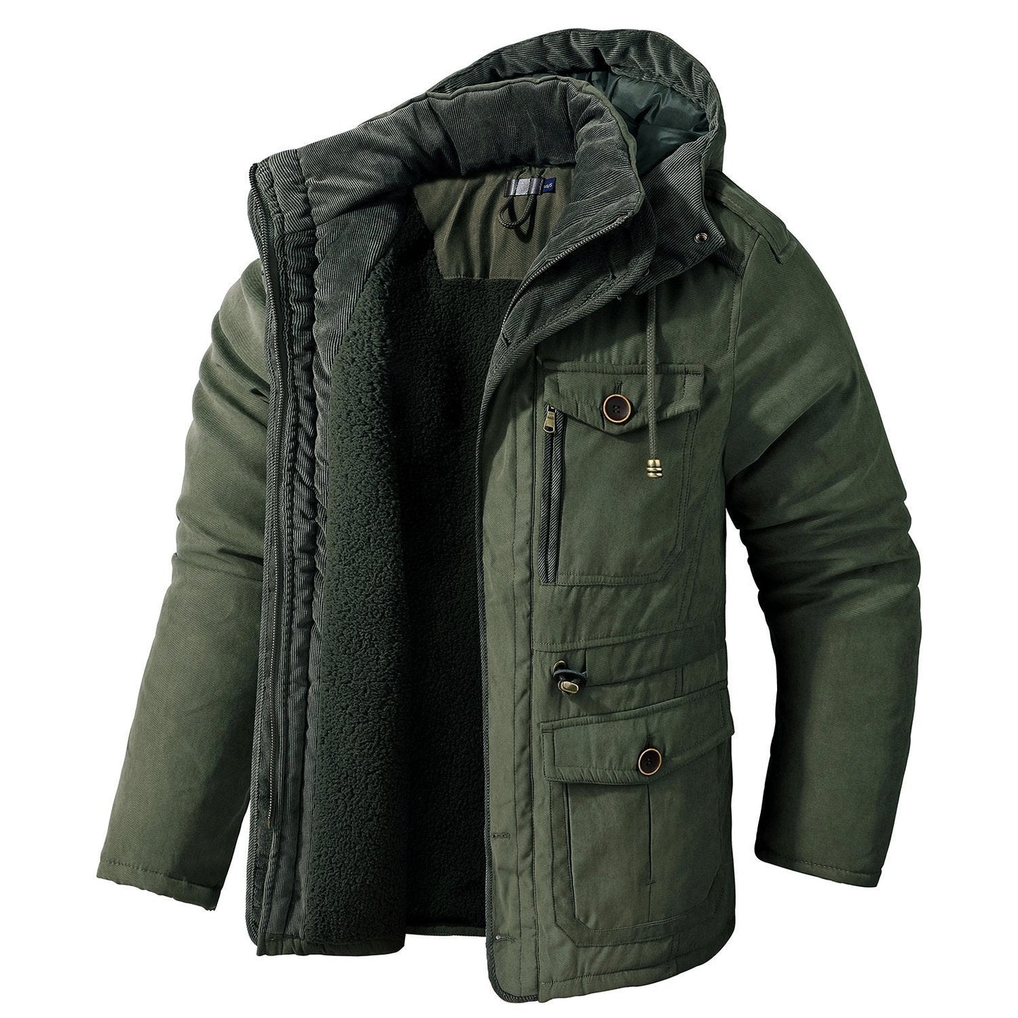 Mens Cashmere Hooded Thickened Multi Pocket Coat Padded Jacket