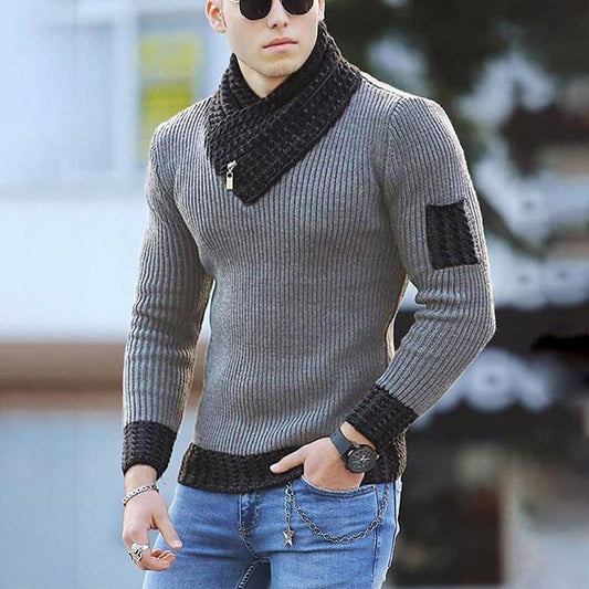 Men Two-tone Patch Collar Scarf Sweater