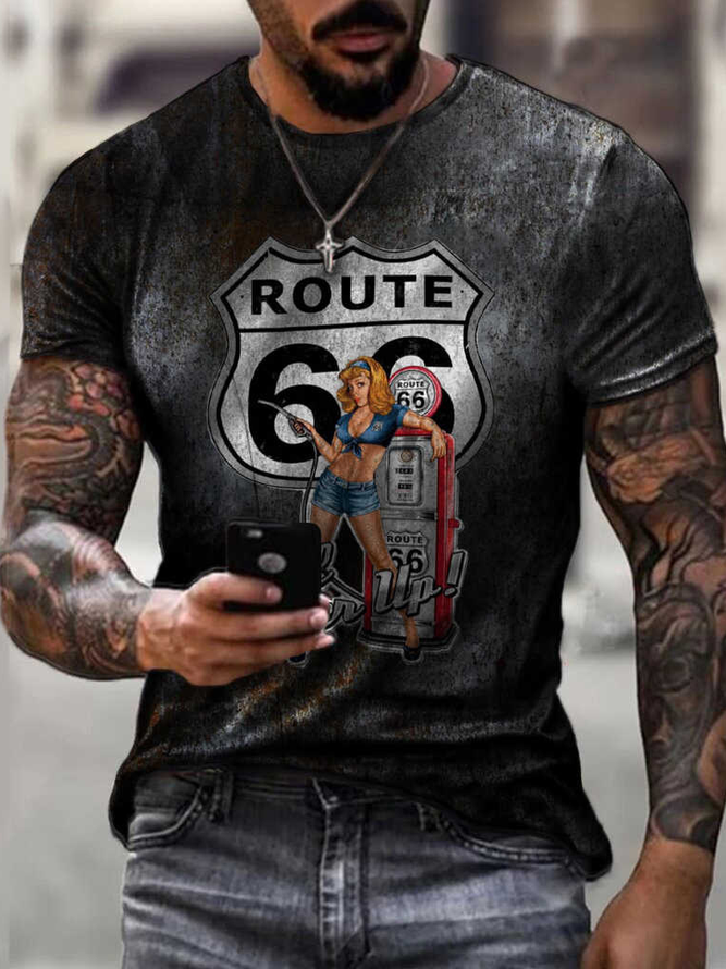 Men's Route 66 Cultural Graphic Print Round Neck Short Sleeve Tee Black 3XL