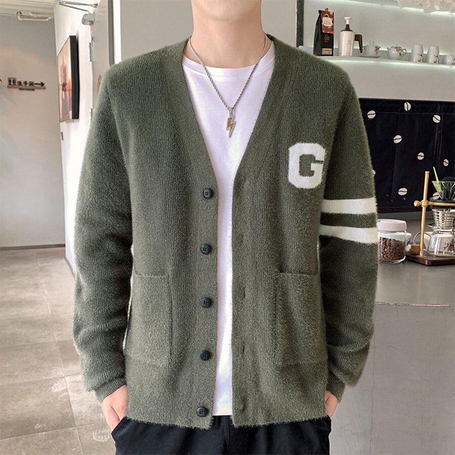 Men&#039;s Casual Knitted Cardigan Top Green M