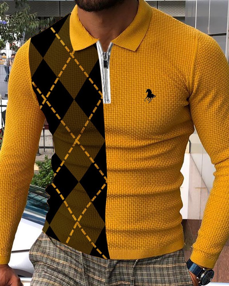 Men's casual retro geometric long-sleeved polo shirt