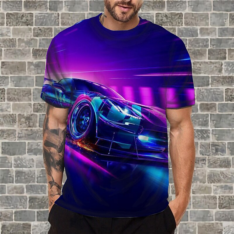 Men's T shirt 3D Print Graphic Car Crew Neck Daily Sports Print Short  Purple S