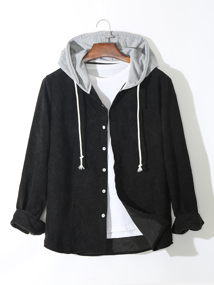 Mens Solid Corduroy Hooded Shirt Casual Two Pieces Outfits With Drawstring Shorts