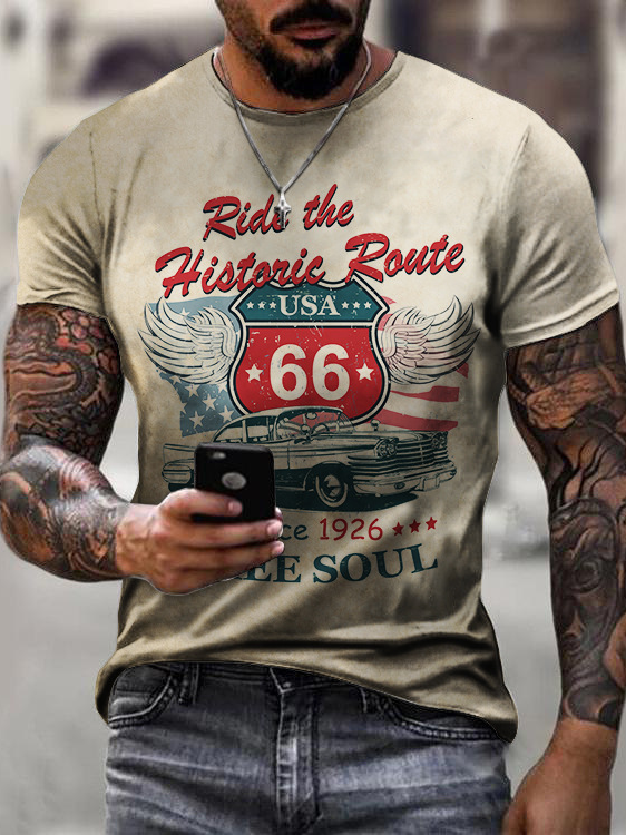 Men's Route 66 Cultural Graphic Print Round Neck Short Sleeve Tee Black XXL