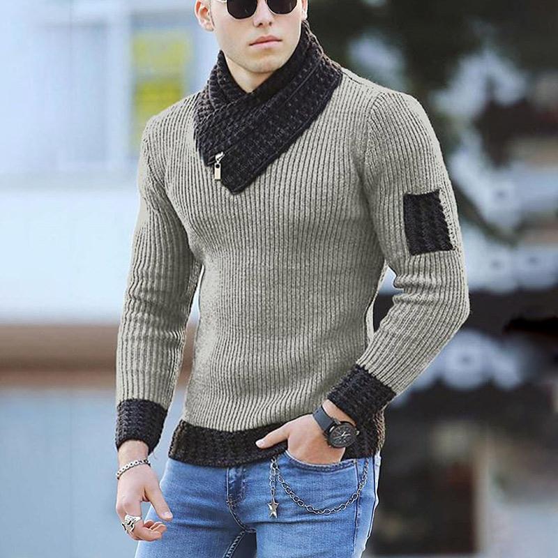 Men Two-tone Patch Collar Scarf Sweater