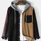 Mens Corduroy Colorblock Stitching Button Up Casual Drawstring Hooded Shirts