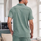 Mens Waffle Solid Color Half Open Collar Drawstring Short Sleeve Shirts&Shorts Loungewear SKUH44593
