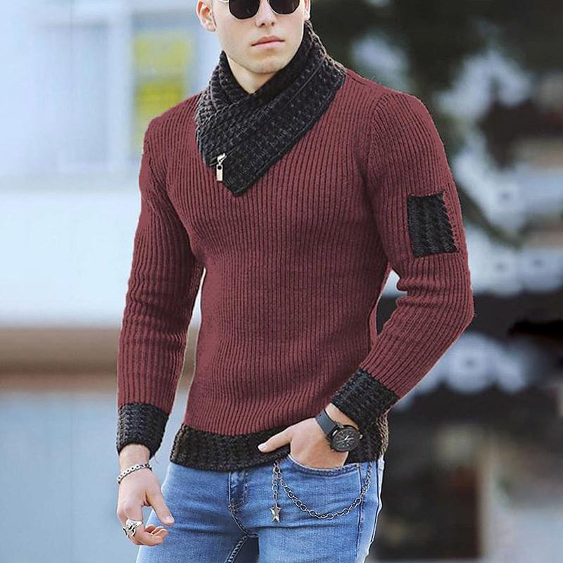 Men Two-tone Patch Collar Scarf Sweater