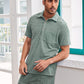 Mens Waffle Solid Color Half Open Collar Drawstring Short Sleeve Shirts&Shorts Loungewear SKUH44593