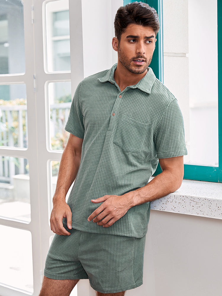 Mens Waffle Solid Color Half Open Collar Drawstring Short Sleeve Shirts&Shorts Loungewear SKUH44593