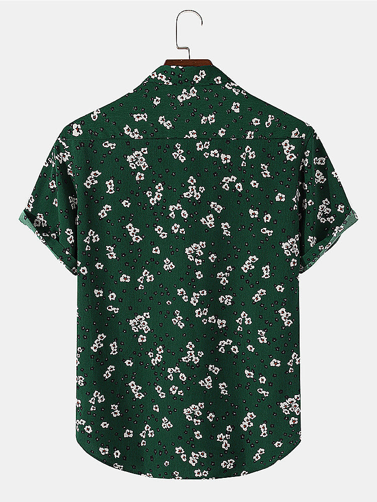 Mens All Over Floral Print Green Short Sleeve Lapel Holiday Shirt