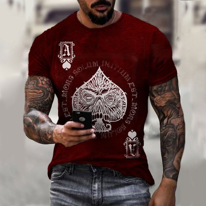 Poker The Ace of Spades Skull Print Short Sleeve T-shirt