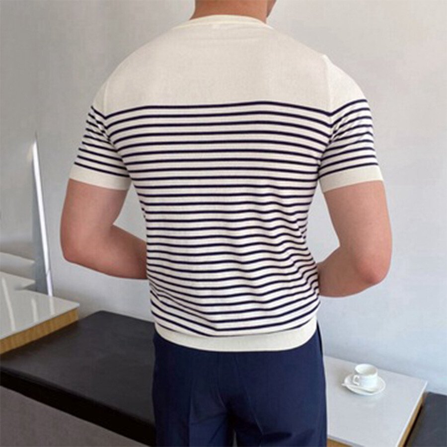 Men&#039;s Striped Round Neck Short Sleeve Knit T-shirt White XL