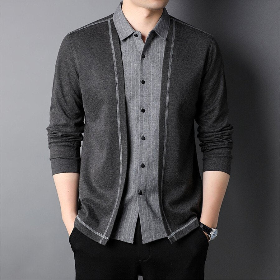 Men&#039;s Casual Knitted =Cardigan Fake Two-Piece Top Black L