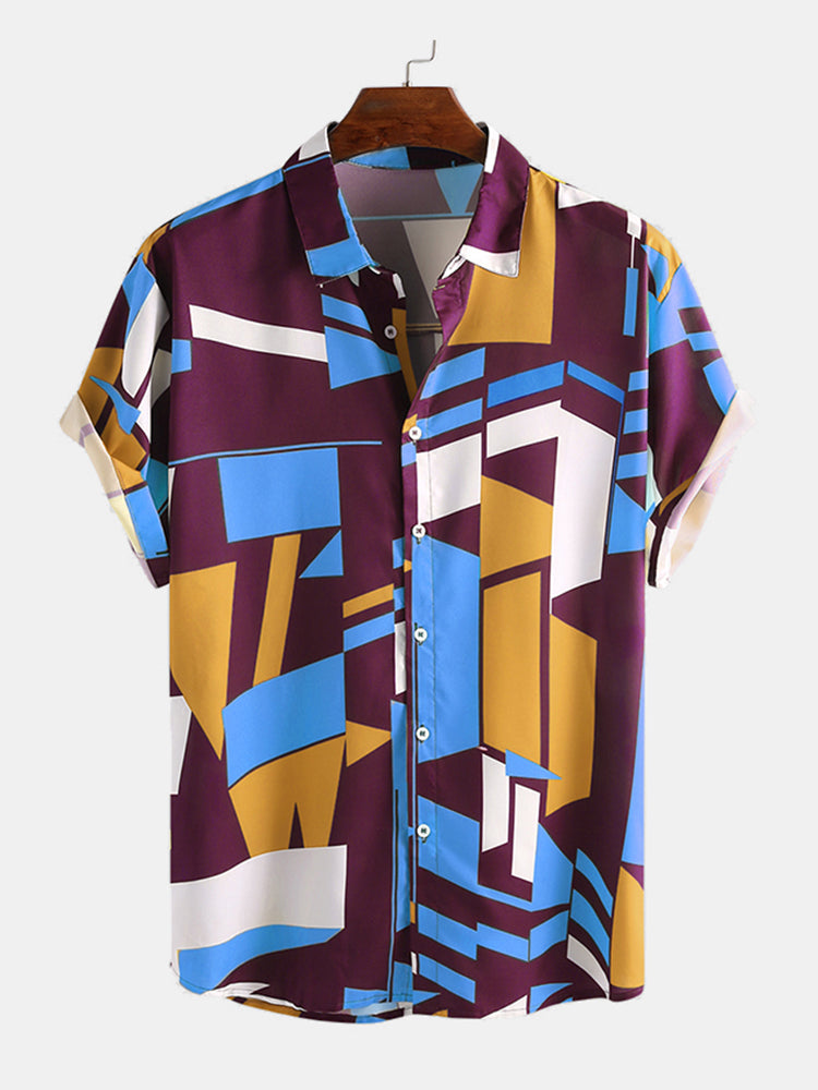 Mens Geometric Colorful Block Printed Short Sleeve Shirt