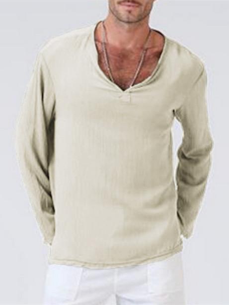 Linen ethnic style loose men's V-neck solid color long-sleeved t-shirt