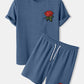 Mens Basic Knitted Rose Embroidery Patch Short Sleeve Casual Two Piece Outfits Cozy Loungewear