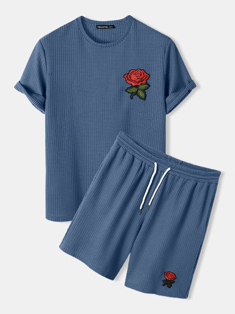 Mens Basic Knitted Rose Embroidery Patch Short Sleeve Casual Two Piece Outfits Cozy Loungewear