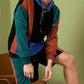Mens Corduroy Color Block Stitching Half Zip Hoodie Two Pieces Outfits