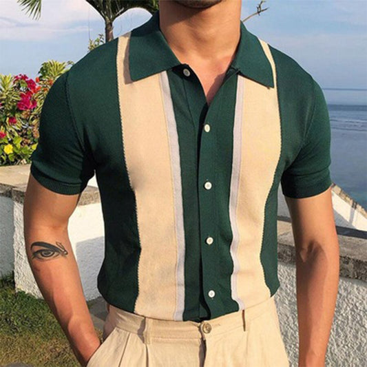 Men&#039;s striped color-block short-sleeved sweater T-shirt Green S