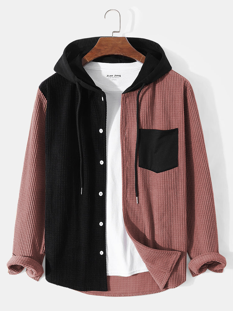 Mens Corduroy Two Tone Patchwork Preppy Drawstring Hooded Shirts