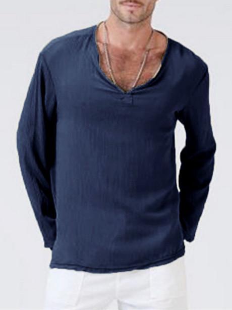 Linen ethnic style loose men's V-neck solid color long-sleeved t-shirt