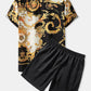 Mens Ethnic Baroque Pattern Short Sleeve Black Two Piece Outfits