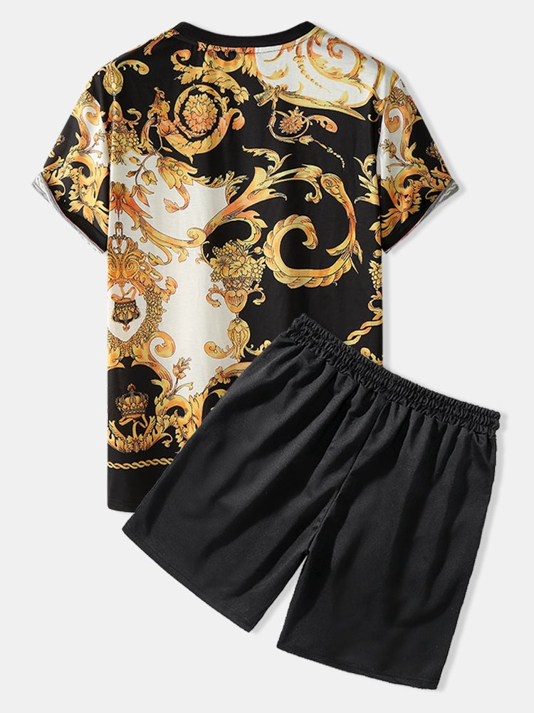 Mens Ethnic Baroque Pattern Short Sleeve Black Two Piece Outfits