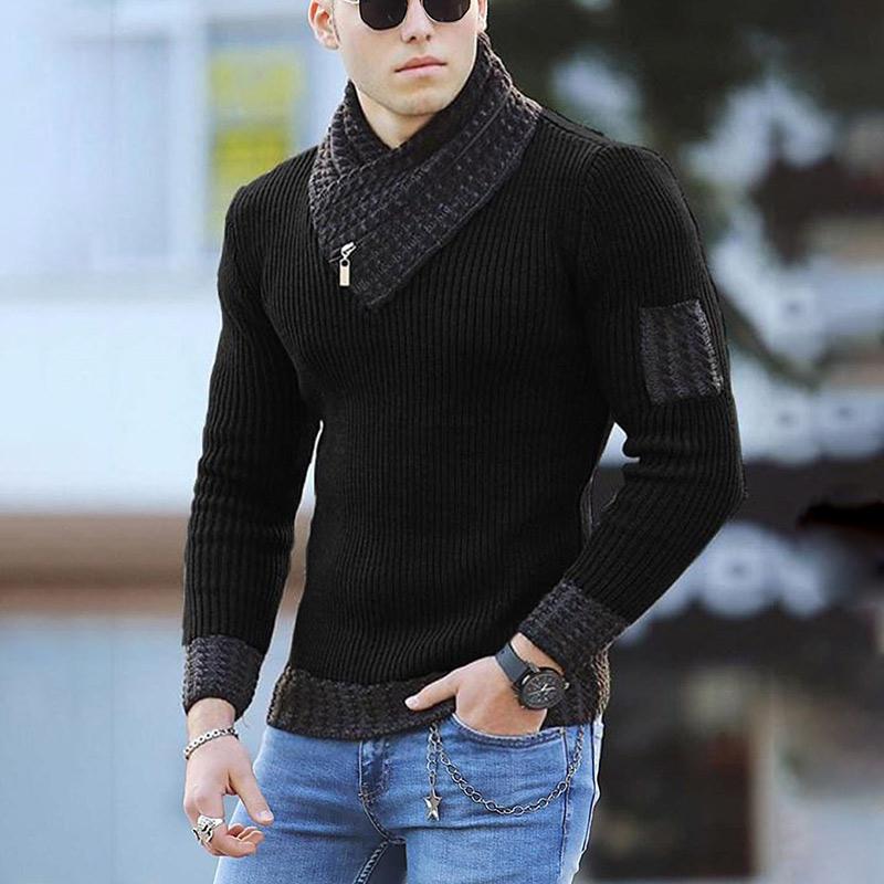 Men Two-tone Patch Collar Scarf Sweater