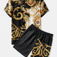 Mens Ethnic Baroque Pattern Short Sleeve Black Two Piece Outfits