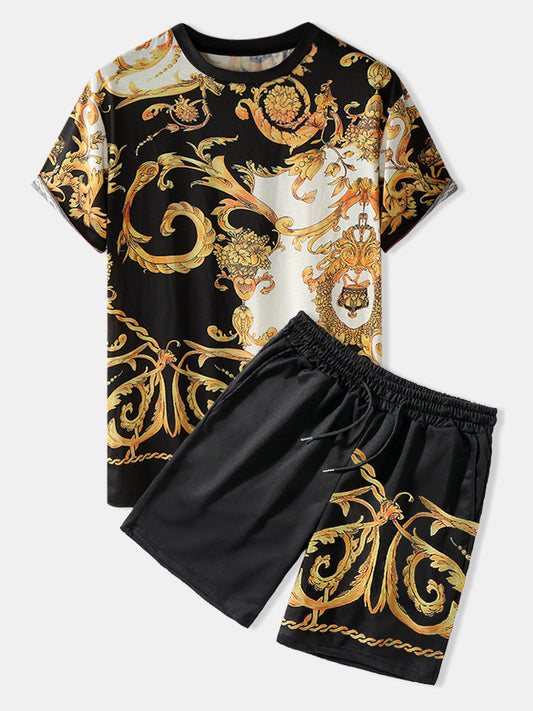 Mens Ethnic Baroque Pattern Short Sleeve Black Two Piece Outfits