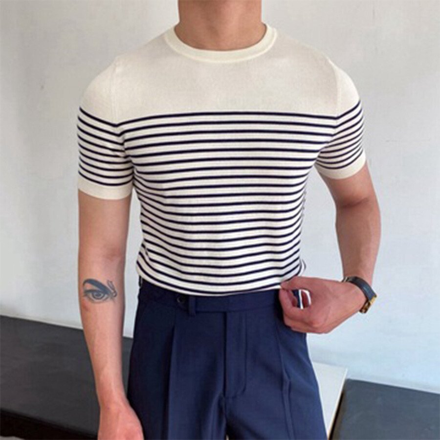 Men&#039;s Striped Round Neck Short Sleeve Knit T-shirt White M