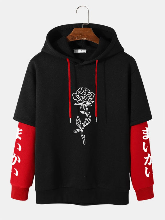 Mens Rose Japanese Sleeve Print 2 In 1 Casual Drawstring Hoodies