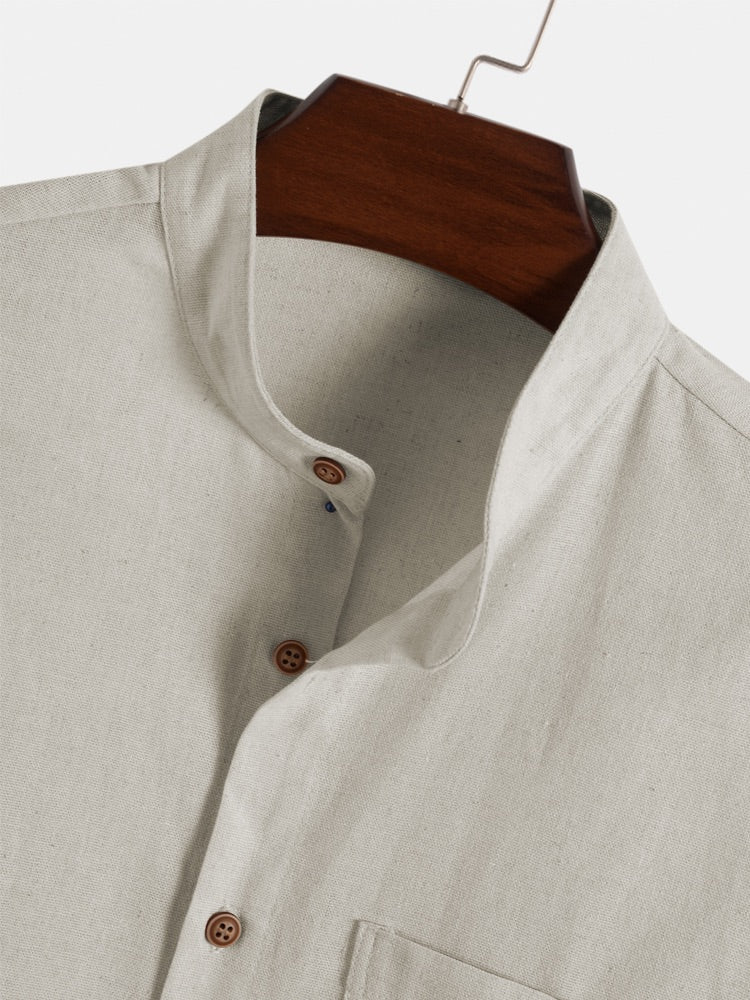 Mens Cotton Linen Stand Collar Button Pocket Basics Long Sleeve Shirts