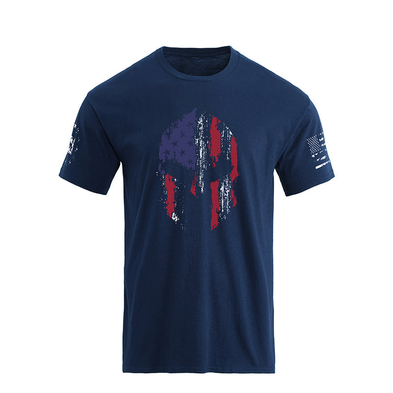 Men's Spartan Helmet American Flag Overlay Graphic Short Sleeve T-Shirt