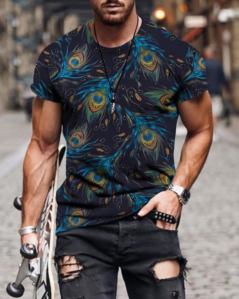 Men's Casual Peacock Color Feather Pattern T-shirt