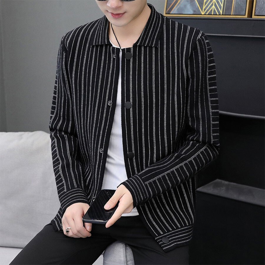 Men&#039;s Casual Knitted Cardigan Top Black 2XL