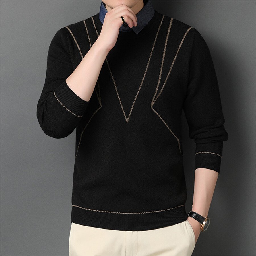 Men&#039;s Casual Knit Sweater Fake Two-Piece Top Black 2XL