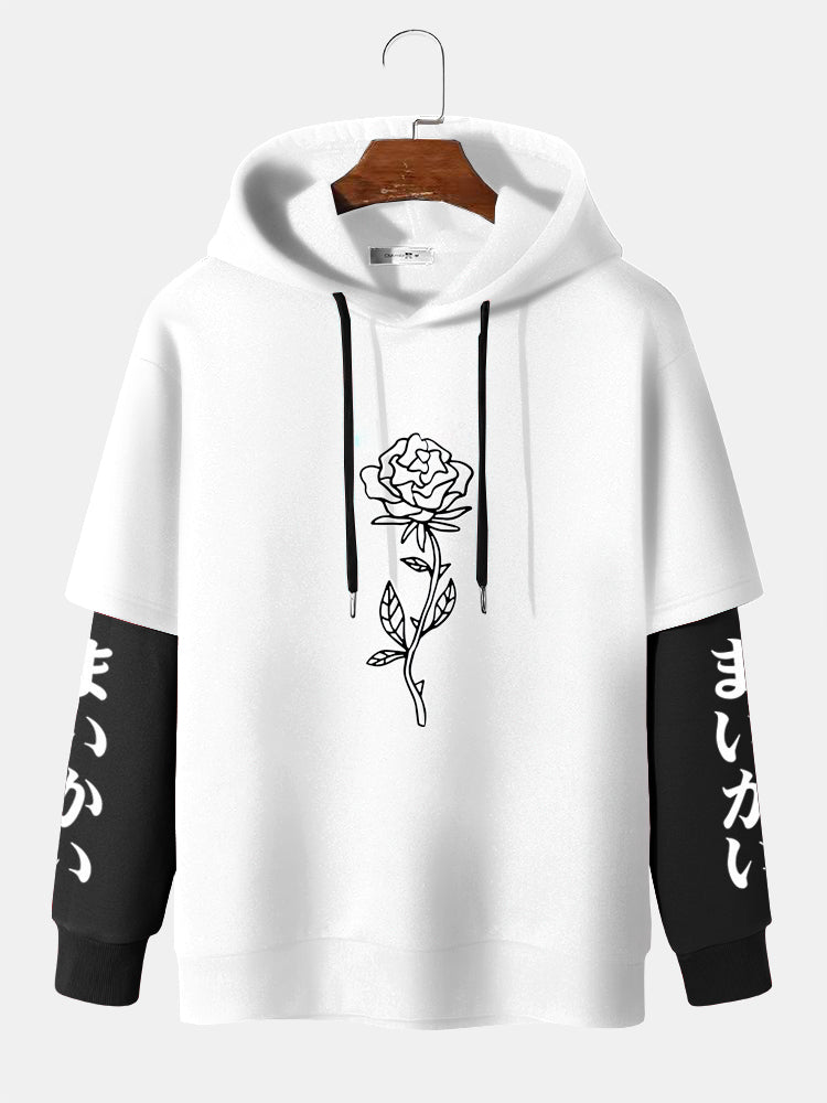 Mens Rose Japanese Sleeve Print 2 In 1 Casual Drawstring Hoodies