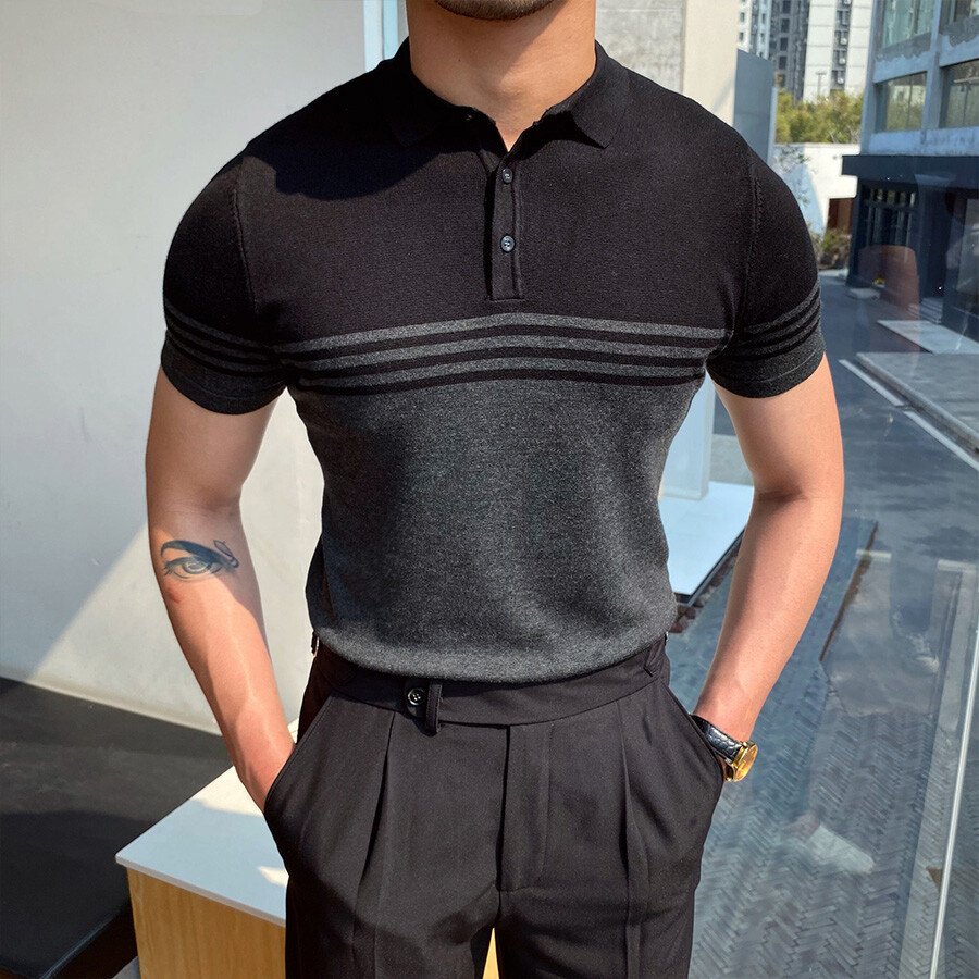 Men&#039;s Casual Striped Colorblock Short Sleeve Knit T-Shirt Black M