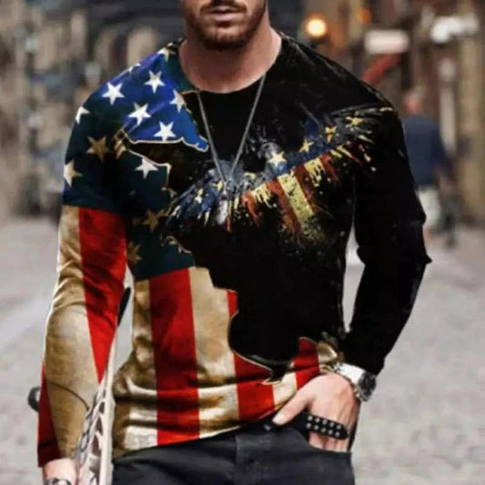 Men's loose retro round neck star flag eagle skull 3d long sleeve T-shirt