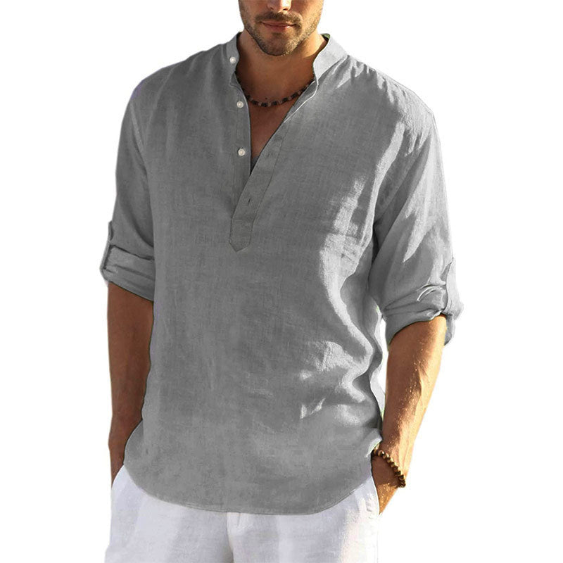 Men's casual cotton and linen solid long-sleeved shirt