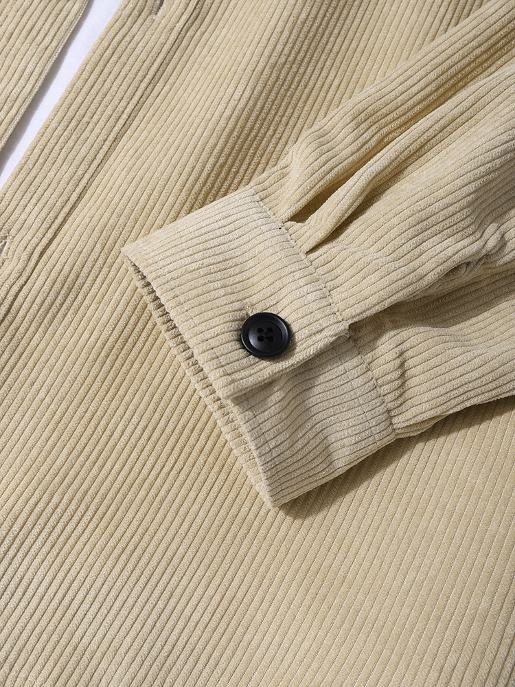 Mens Corduroy Pure Color Lapel Basics Dropped Shoulder Shirts