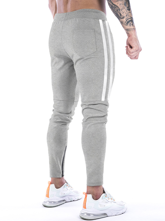 Men's Slim Stretch Waist Two-Bar Striped Print Sweatpants Light Grey M