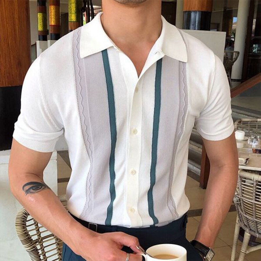 Men&#039;s Casual Striped Colorblock Short Sleeve Knit T-Shirt White S