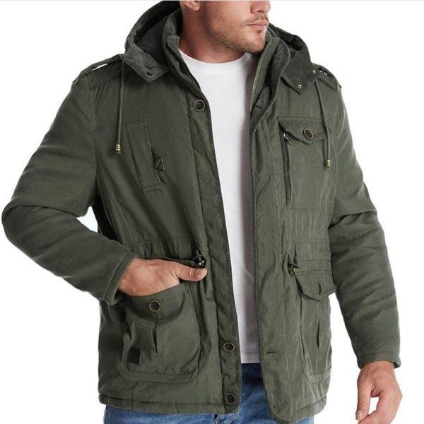 Mens Cashmere Hooded Thickened Multi Pocket Coat Padded Jacket