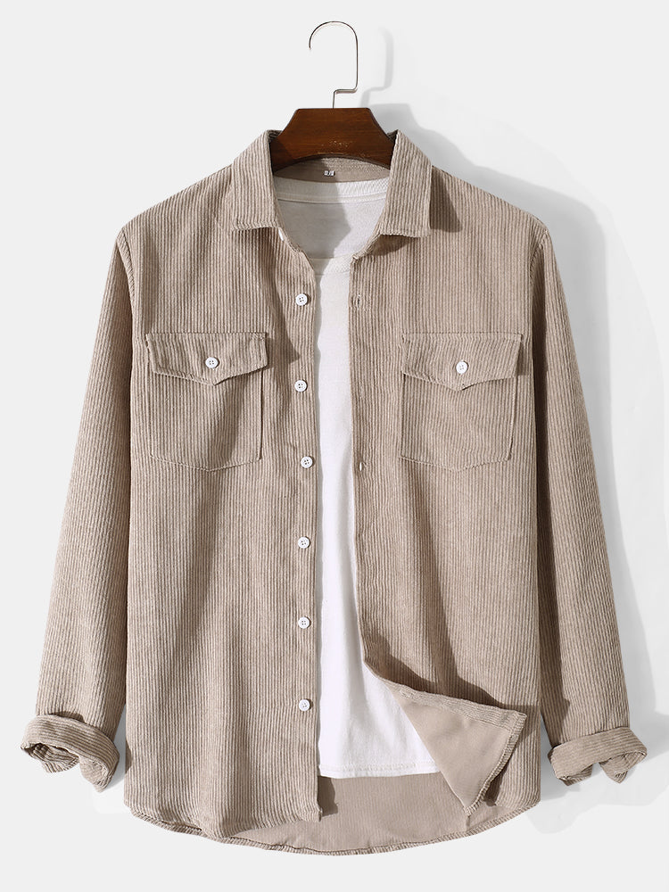 Mens Corduroy Solid Color Lapel Button Up Basics Long Sleeve Shirts